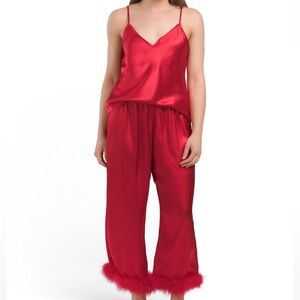 Red Satin cami and flare pants with feather trim
